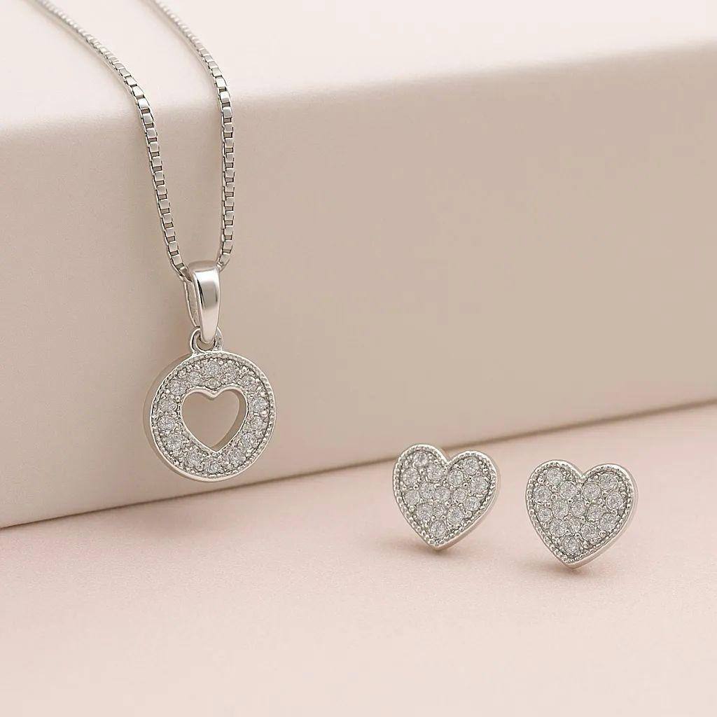 Conjunto de prata 925 coração cravejado